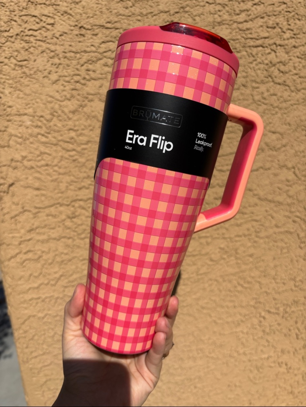 BrüMate Era Flip 40oz Pink Gingham Travel Mug